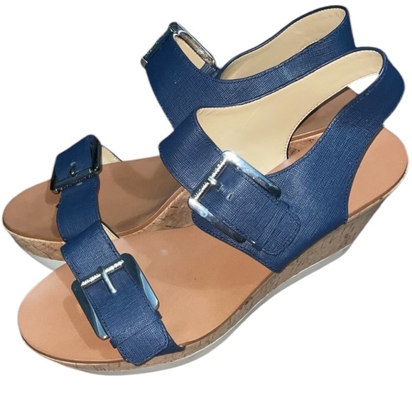 MICHAEL Michael Kors Shoes - MICHAEL Michael Kors Leather Cork Wedge Blue Sandals